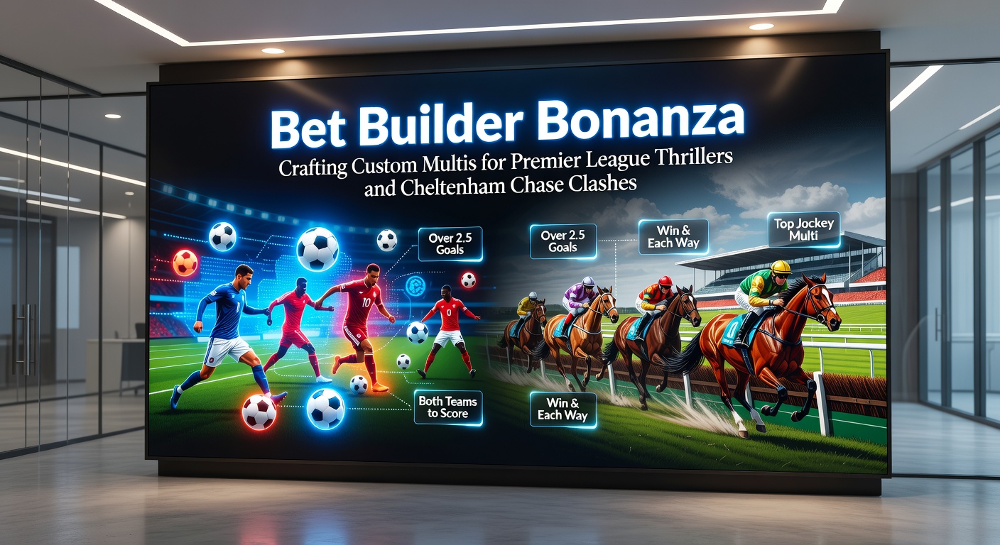 Dynamic split-screen image showing Premier League players in action alongside galloping horses at Cheltenham Festival, highlighting bet builder interfaces on mobile screens