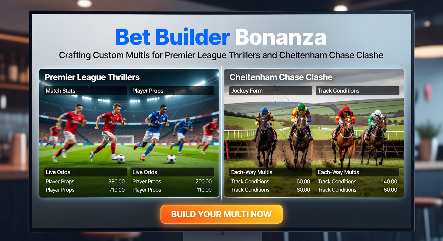 Close-up of a bet builder screen on a smartphone, displaying layered selections for a Premier League match and a Cheltenham chase race with glowing odds multipliers