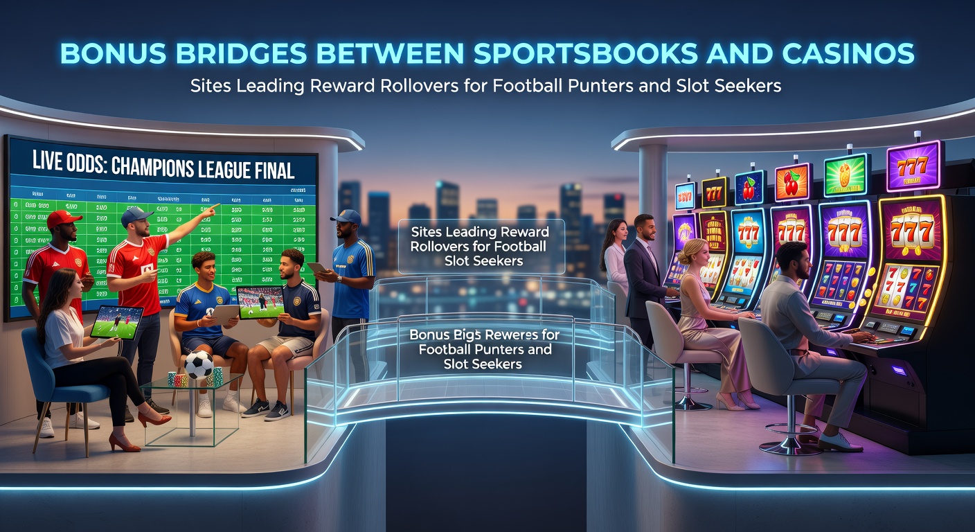 Digital graphic showing interconnected bridges between sportsbook icons and casino slot machines, symbolizing reward rollovers for punters