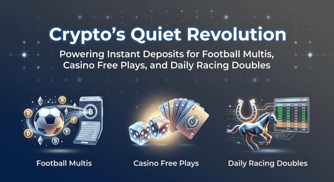 Digital crypto wallet interface displaying instant transfer to a betting app, with icons for football, casino slots, and horse racing tracks