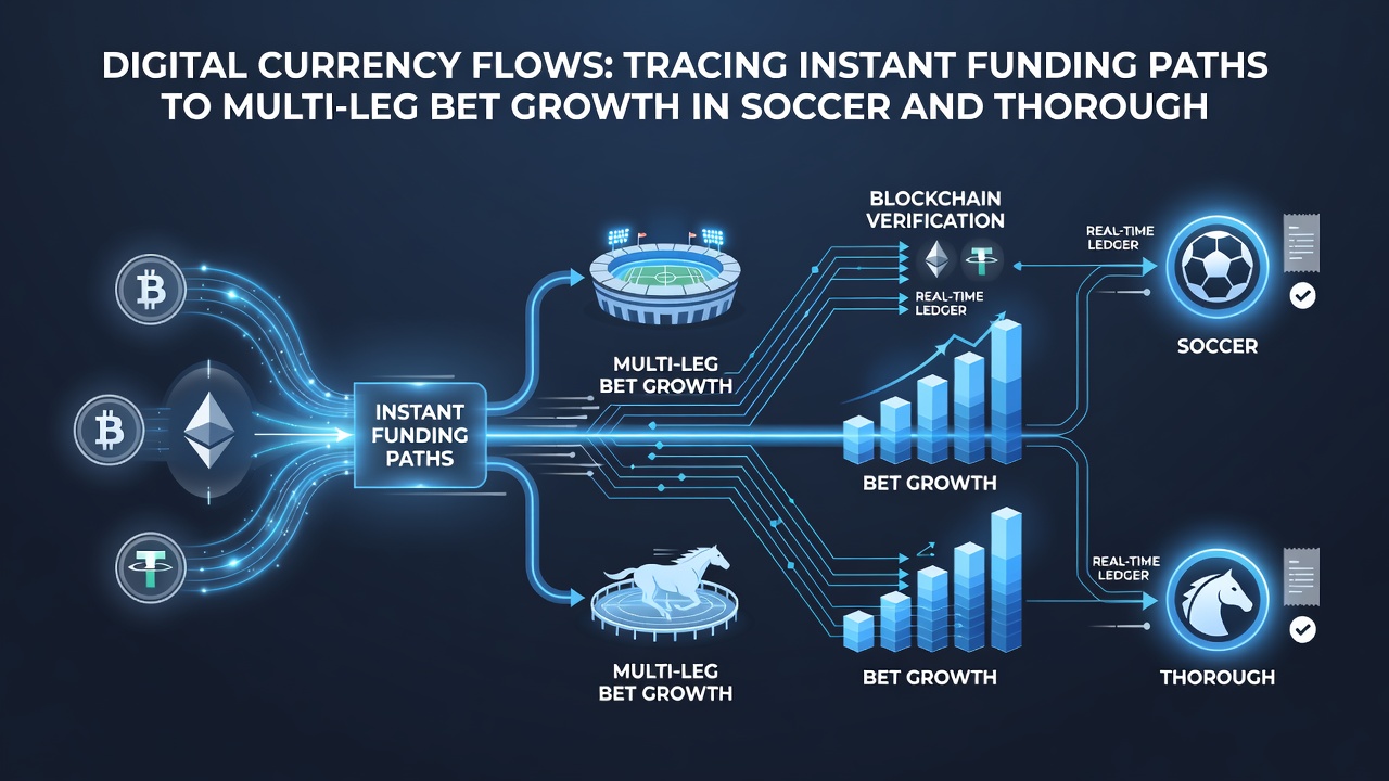 Flowchart illustrating digital currency paths from wallet to multi-leg soccer and horse racing bets