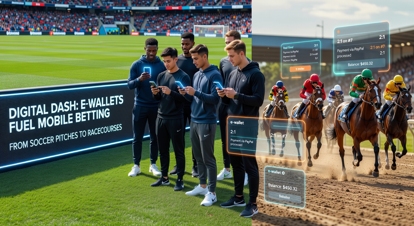 Horse racing track scene on a mobile betting interface showing e-wallet withdrawal confirmation post-race