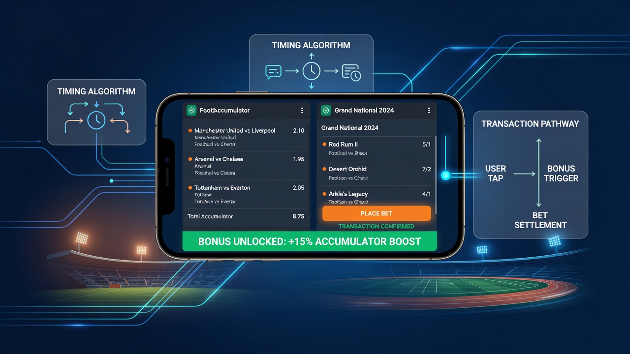 Mobile betting app interface showing accumulator bet placement alongside bonus activation prompts