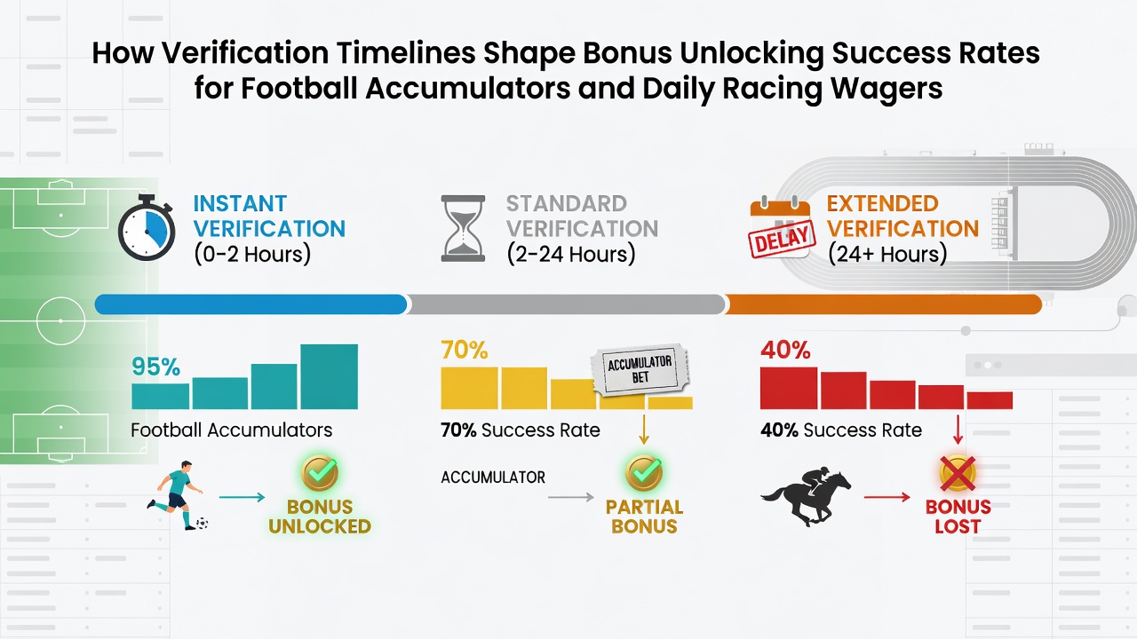 Illustration showing account verification process timelines affecting football accumulator and horse racing bonus claims on mobile betting apps