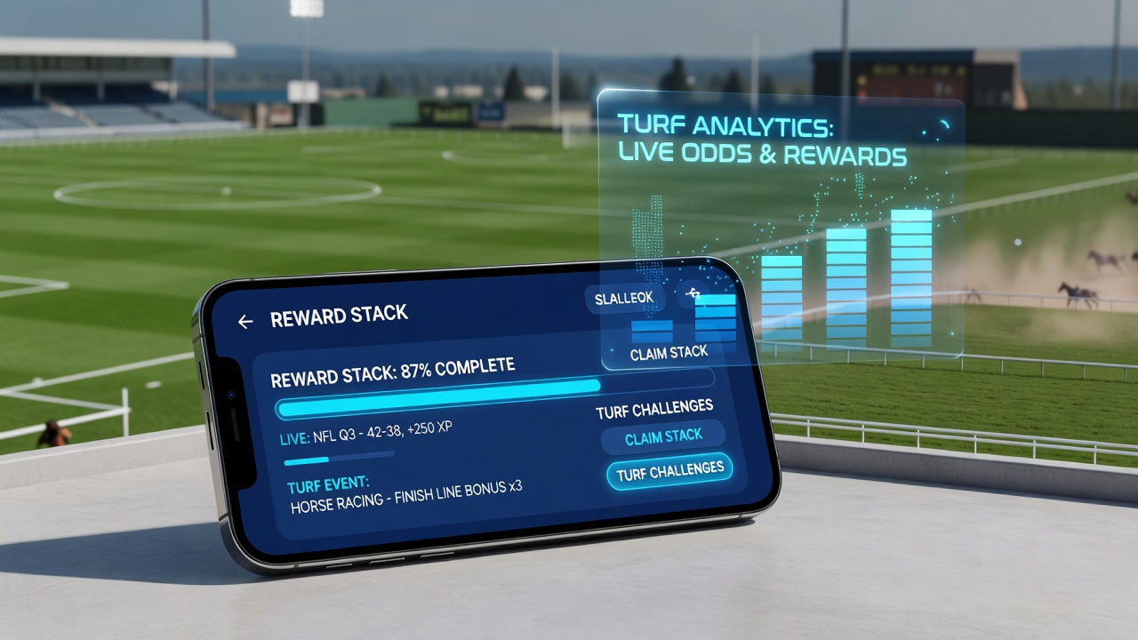 Close-up of mobile screen displaying stacked bonuses for in-play sports and turf racing
