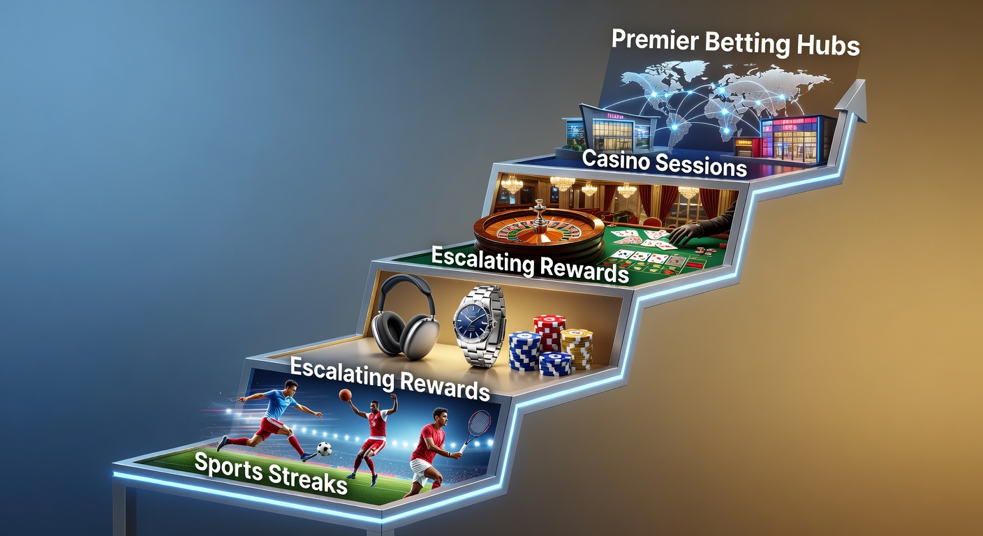 Graphic illustration of a multi-tiered loyalty ladder with sports icons at the base escalating to casino symbols at the top, showcasing reward progression in betting apps