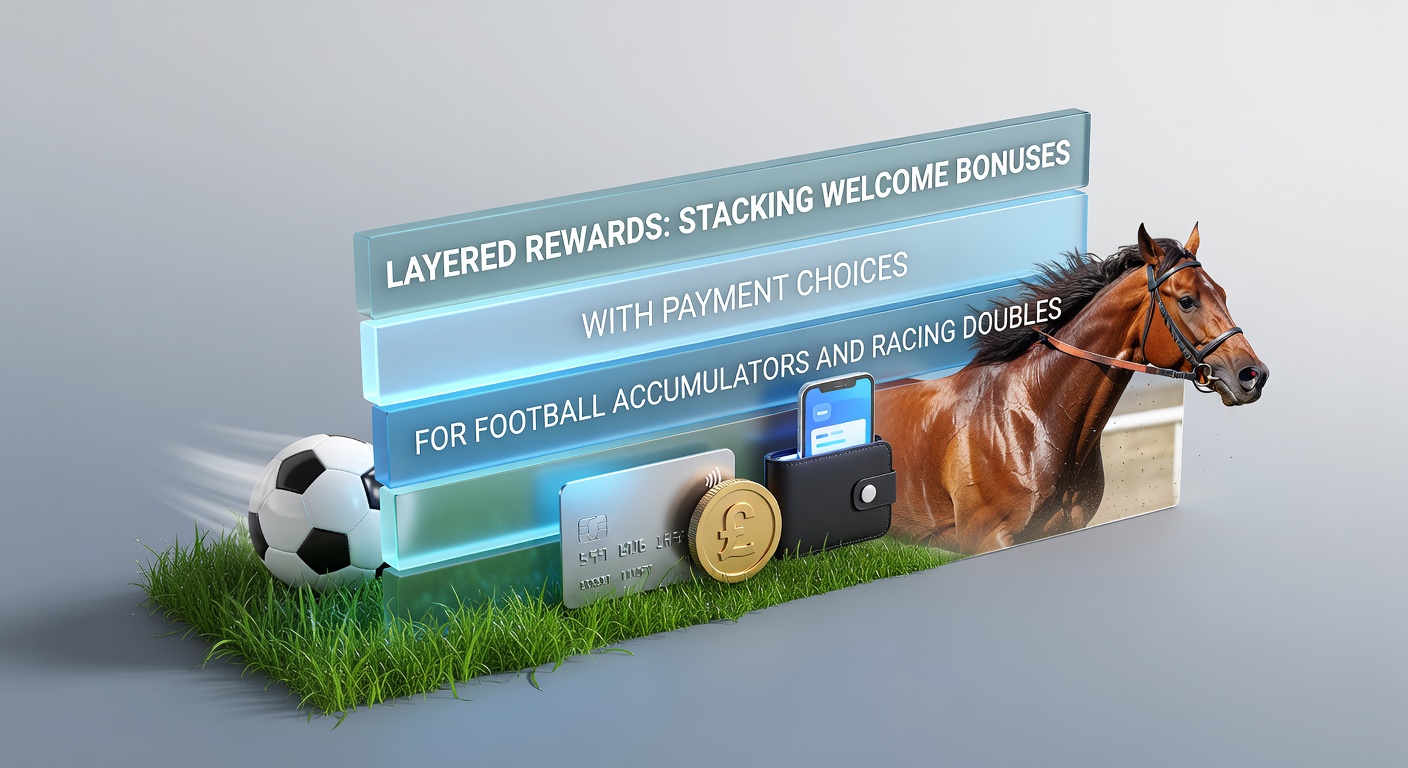 Betting interface showing stacked bonuses on a football accumulator slip alongside a horse racing double, highlighting layered reward options