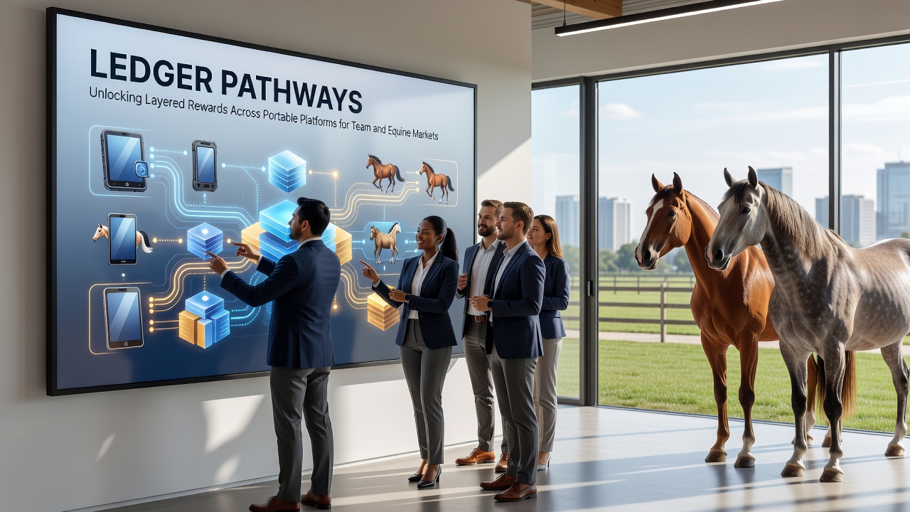 Mobile interface showing layered rewards across soccer and horse racing sections powered by digital ledger technology