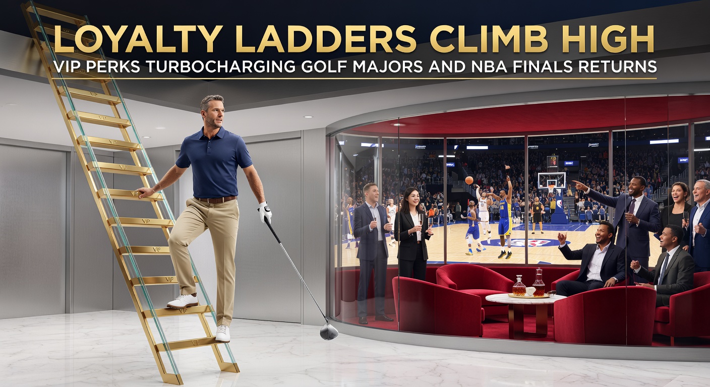 Golfers competing in a major tournament with VIP betting perks overlay highlighting loyalty tier benefits