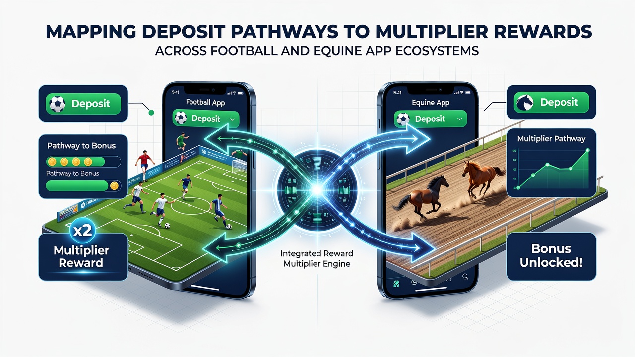 Diagram showing deposit flows and reward multipliers in mobile betting apps for football and horse racing