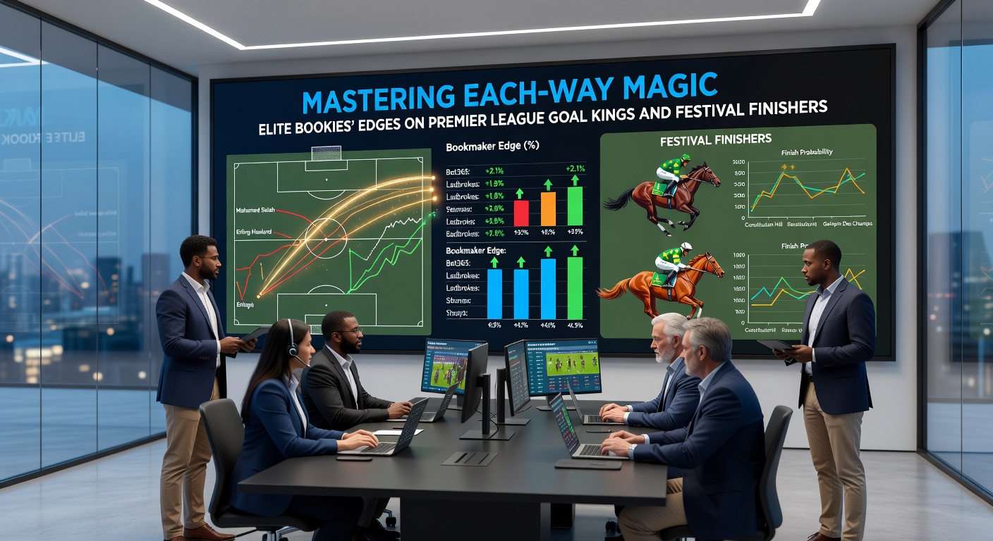 Horse racing festival crowd cheering as runners approach the final fence, with a digital overlay showing each-way place terms from top bookmakers