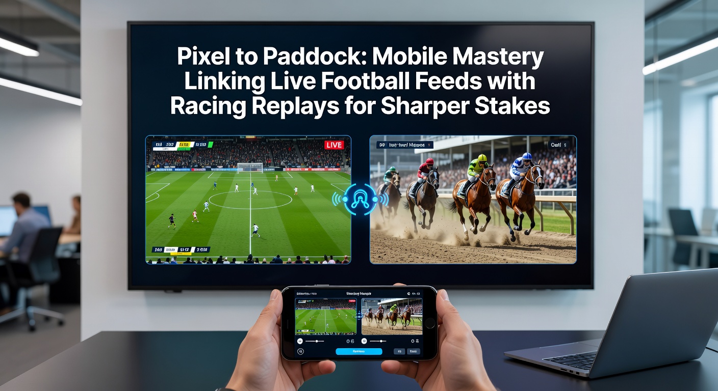 Mobile phone screen displaying split-view of live soccer match and horse racing replay with betting odds overlaid