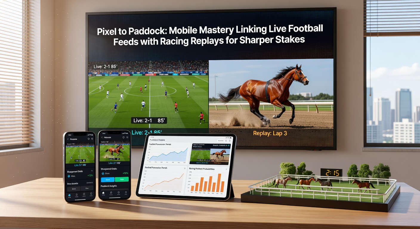 Close-up of betting app interface showing live football goal celebration synced with horse racing replay finish line, odds updating in real-time