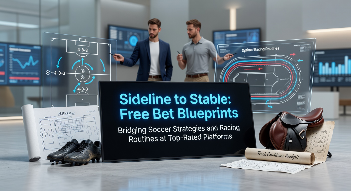 A dynamic split-image showing a soccer player on the sideline next to a horse racing stable, symbolizing the bridge between football strategies and racing routines with free bet icons overlayed