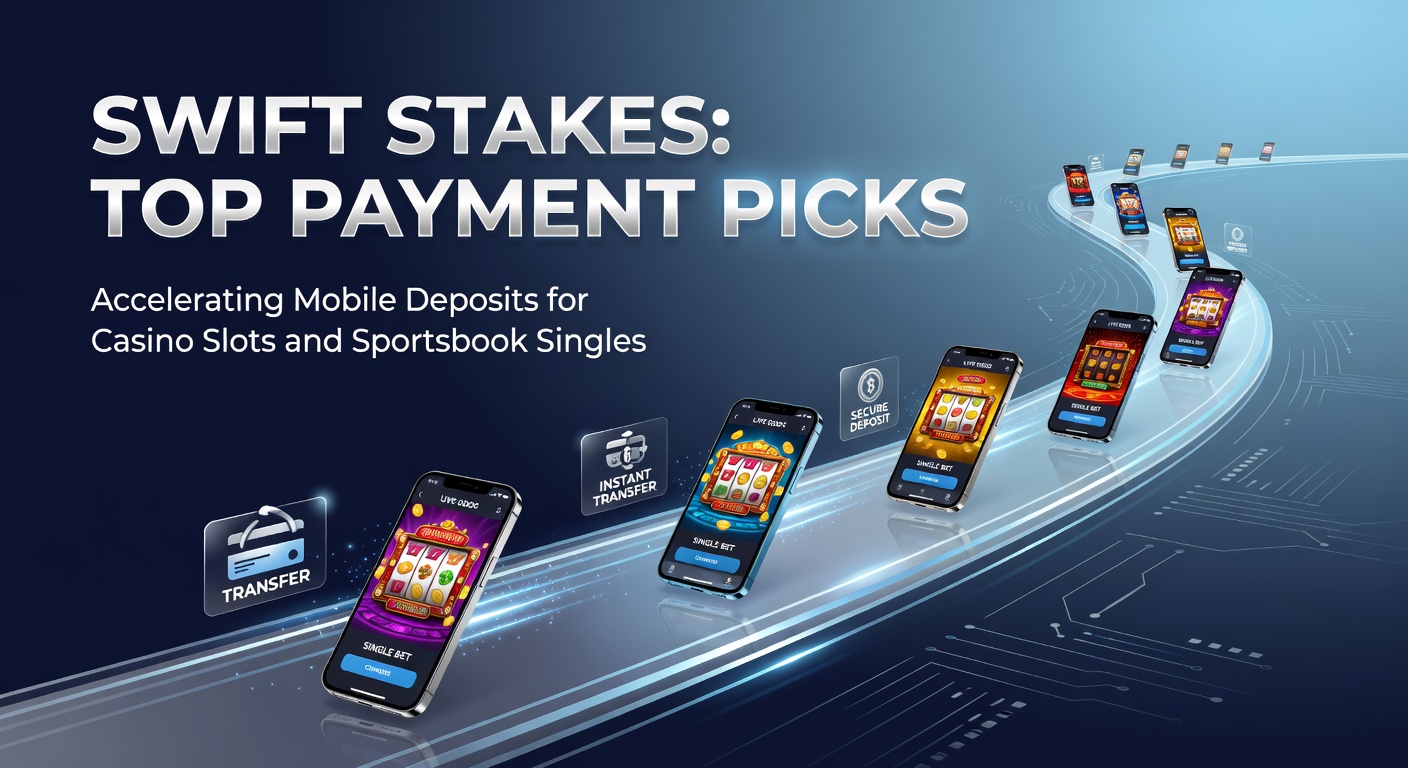 Smartphone displaying a mobile casino app with instant deposit options for slots and sports bets, highlighting speed icons for payments like Apple Pay and e-wallets