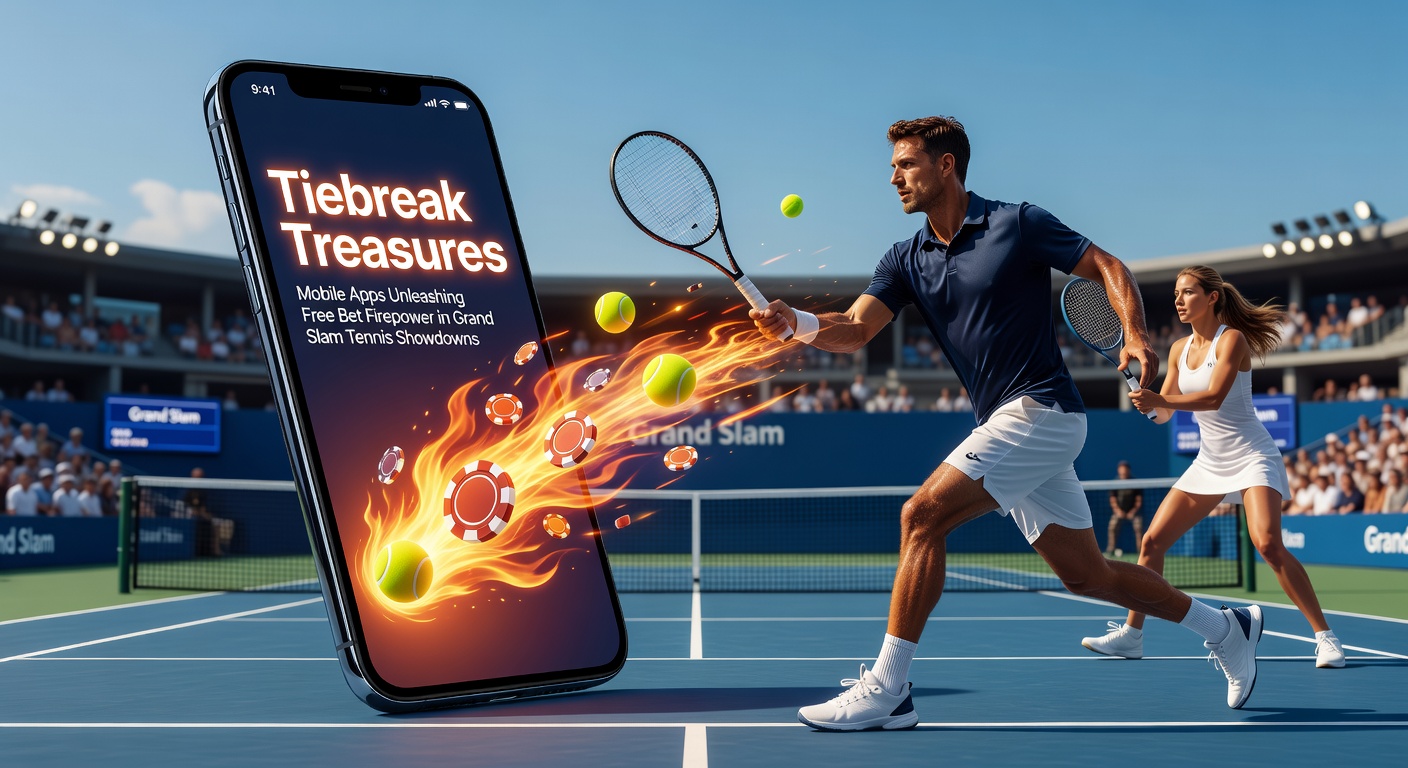 Mobile betting app interface displaying free bet options during a Grand Slam tennis match, with live odds for tiebreaks and set winners