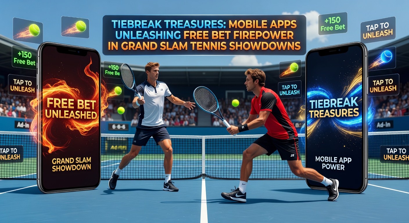 Dynamic screenshot of a tiebreak in a Grand Slam match on a mobile app, highlighting free bet promotions and live betting options with surging odds